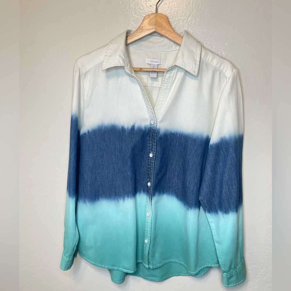 Chico's Ombre cotton long sleeve button down shirt multicolor